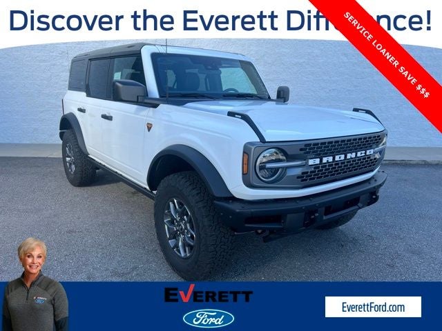 2025 Ford Bronco Badlands in Oxford White — front three-quarter view