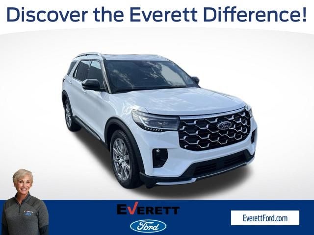 2026 Ford Explorer Platinum in Star White Metallic Tri-Coat — front three-quarter view