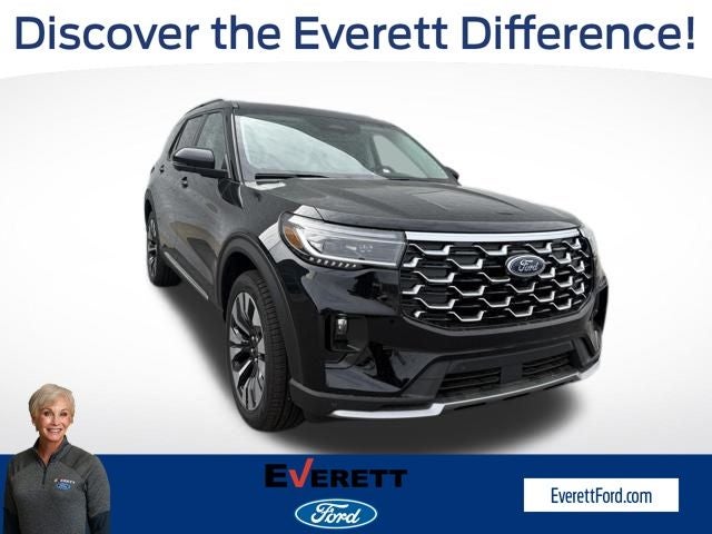 2026 Ford Explorer Platinum in Agate Black Metallic — front three-quarter view