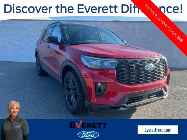 2026 Ford Explorer ST-Line in Rapid Red Metallic Tinted Clearcoat — front three-quarter view